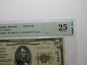 $5 1929 Topeka Kansas KS National Currency Bank Note Bill Ch. #12740 VF25 PMG