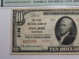$10 1929 San Jose California CA National Currency Bank Note Bill #2158 VF25 PMG
