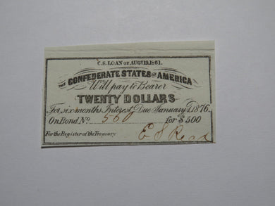 $20 1861 Confederate Bond Coupon Certificate Currency Bank Note Bill UNC