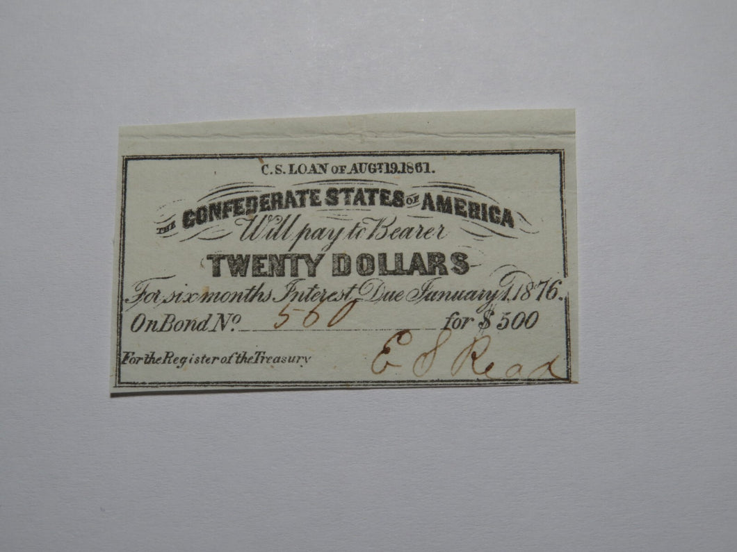 $20 1861 Confederate Bond Coupon Certificate Currency Bank Note Bill UNC