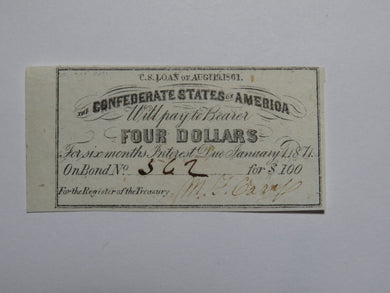 $4 1861 Confederate Bond Coupon Certificate Currency Bank Note Bill UNC