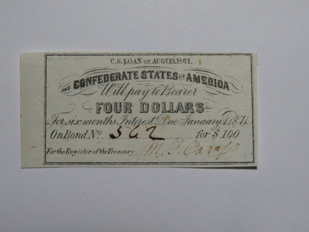 $4 1861 Confederate Bond Coupon Certificate Currency Bank Note Bill UNC