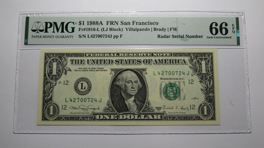 $1 1988 Radar Serial Number Federal Reserve Currency Bank Note Bill PMG UNC66EPQ