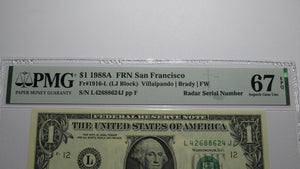 $1 1988 Radar Serial Number Federal Reserve Currency Bank Note Bill PMG UNC67EPQ