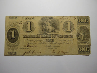 $1 1861 Richmond Virginia Obsolete Currency Bank Note Bill Farmers Bank of VA