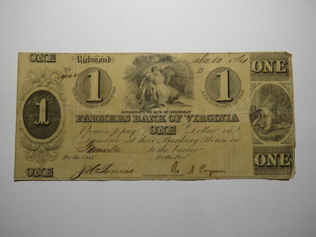 $1 1861 Richmond Virginia Obsolete Currency Bank Note Bill Farmers Bank of VA