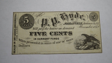 $.05 1852 Jordanville New York NY Obsolete Currency Bank Note Bill!  Herkimer Co