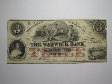 $3 1858 Providence Rhode Island RI Obsolete Currency Bank Note Bill Warwick Bank