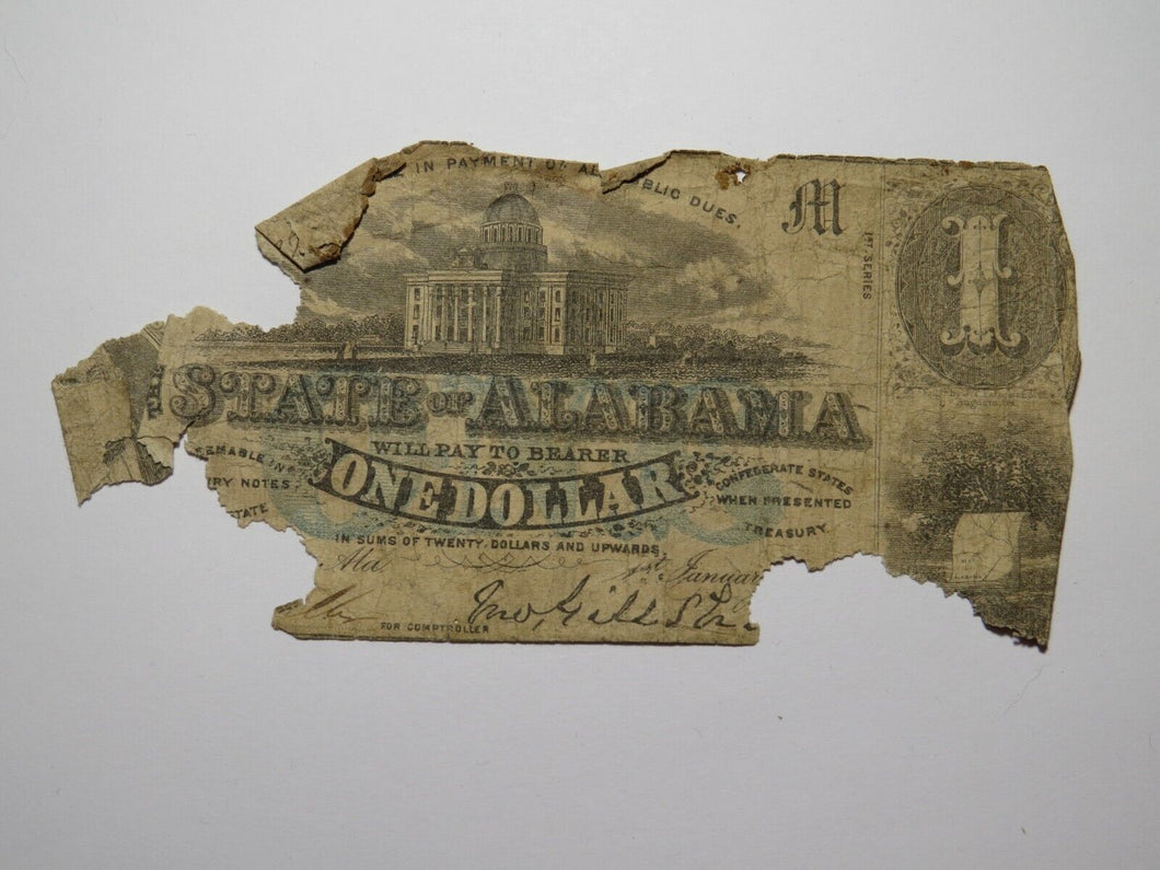 $1 1863 Montgomery Alabama AL Obsolete Currency Bank Note Bill State of AL