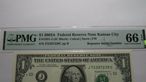 $1 2003A Repeater Serial Number Federal Reserve Currency Bank Note Bill UNC66EPQ