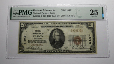 $20 1929 Kasson Minnesota MN National Currency Bank Note Bill Ch #11042 VF25 PMG
