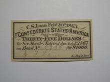 Load image into Gallery viewer, $35 1863 Confederate Bond Coupon Certificate Currency Bank Note Bill UNC