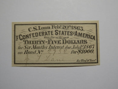 $35 1863 Confederate Bond Coupon Certificate Currency Bank Note Bill UNC