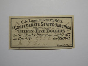$35 1863 Confederate Bond Coupon Certificate Currency Bank Note Bill UNC