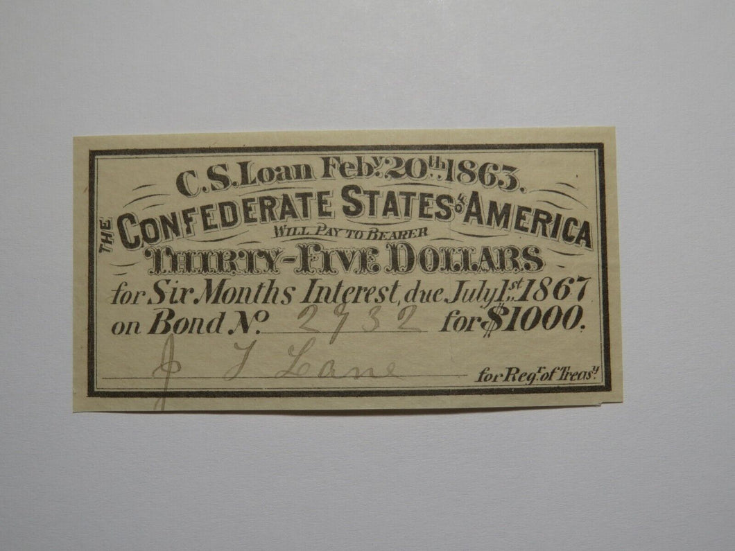 $35 1863 Confederate Bond Coupon Certificate Currency Bank Note Bill UNC