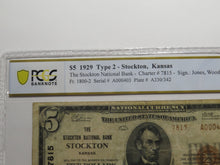 Load image into Gallery viewer, $5 1929 Stockton Kansas KS National Currency Bank Note Bill Ch. #7815 PCGS VF25