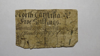 1754 Five Shillings North Carolina NC Colonial Currency Note Bill! 5s! RARE!