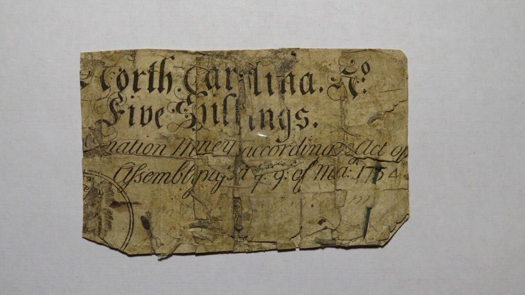 1754 Five Shillings North Carolina NC Colonial Currency Note Bill! 5s! RARE!