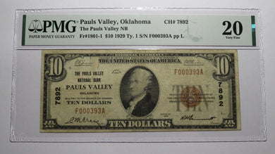 $10 1929 Pauls Valley Oklahoma OK National Currency Bank Note Bill Ch #7892 VF20
