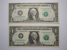 Load image into Gallery viewer, 2 $1 1988 &amp; 2003 Matching Low Serial Numbers Federal Reserve Bank Notes Repeater