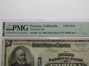 $5 1902 Pomona California CA National Currency Bank Note Bill Ch. #3518 VF25 PMG