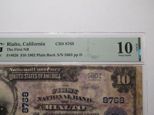 $10 1902 Rialto California CA National Currency Bank Note Bill #8768 VG10 PMG