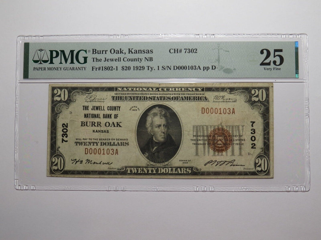 $20 1929 Burr Oak Kansas KS National Currency Bank Note Bill Ch. #7302 VF25 PMG