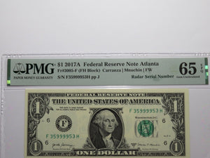 $1 2017 Radar Serial Number Federal Reserve Currency Bank Note Bill PMG UNC65EPQ