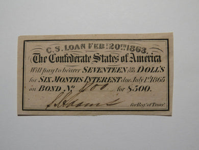 $17.50 1863 Confederate Bond Coupon Certificate Currency Bank Note Bill UNC