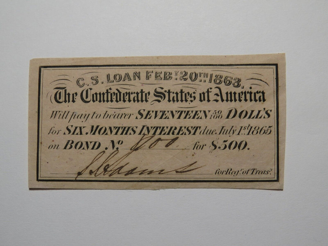 $17.50 1863 Confederate Bond Coupon Certificate Currency Bank Note Bill UNC