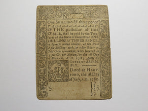 1780 1s3d Hartford Connecticut Colonial Currency Note Bill One Shilling 3 Pence