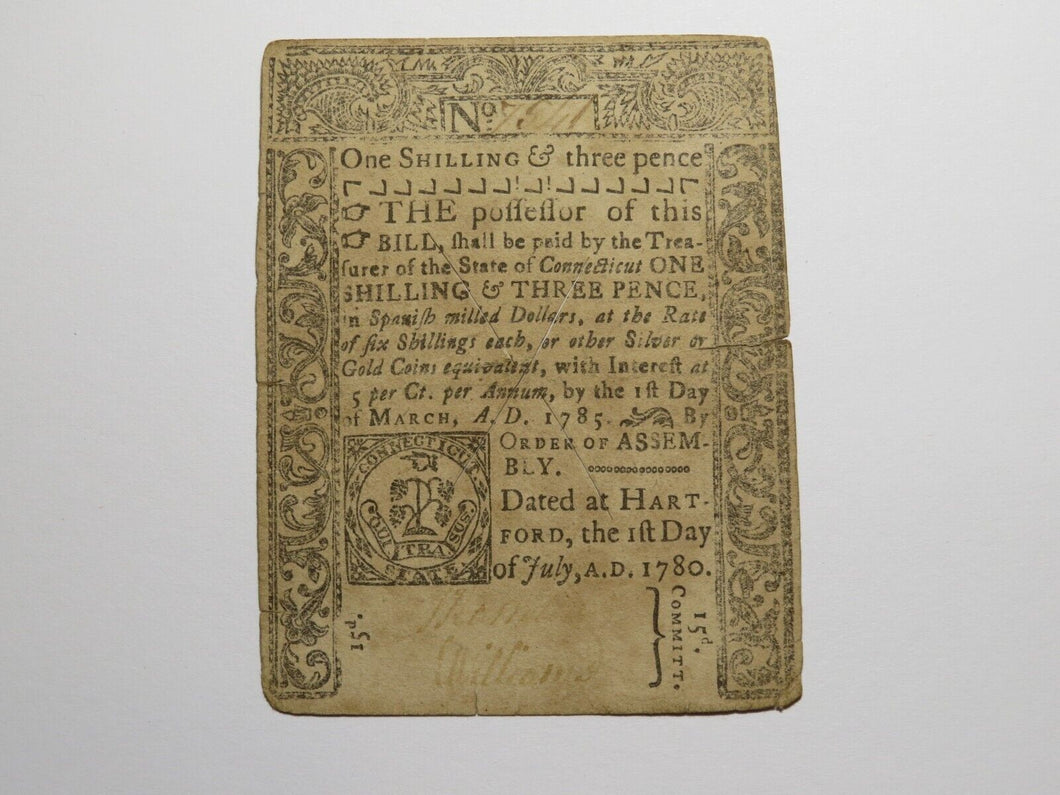 1780 1s3d Hartford Connecticut Colonial Currency Note Bill One Shilling 3 Pence