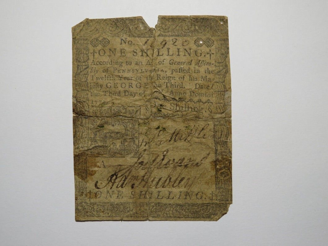 1772 One Shilling Pennsylvania PA Colonial Currency Bank Note Bill RARE 1s