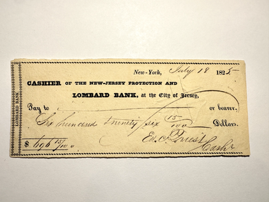 $696 1825 Jersey City NJ Obsolete Currency Bank Note Check Protection & Lombard
