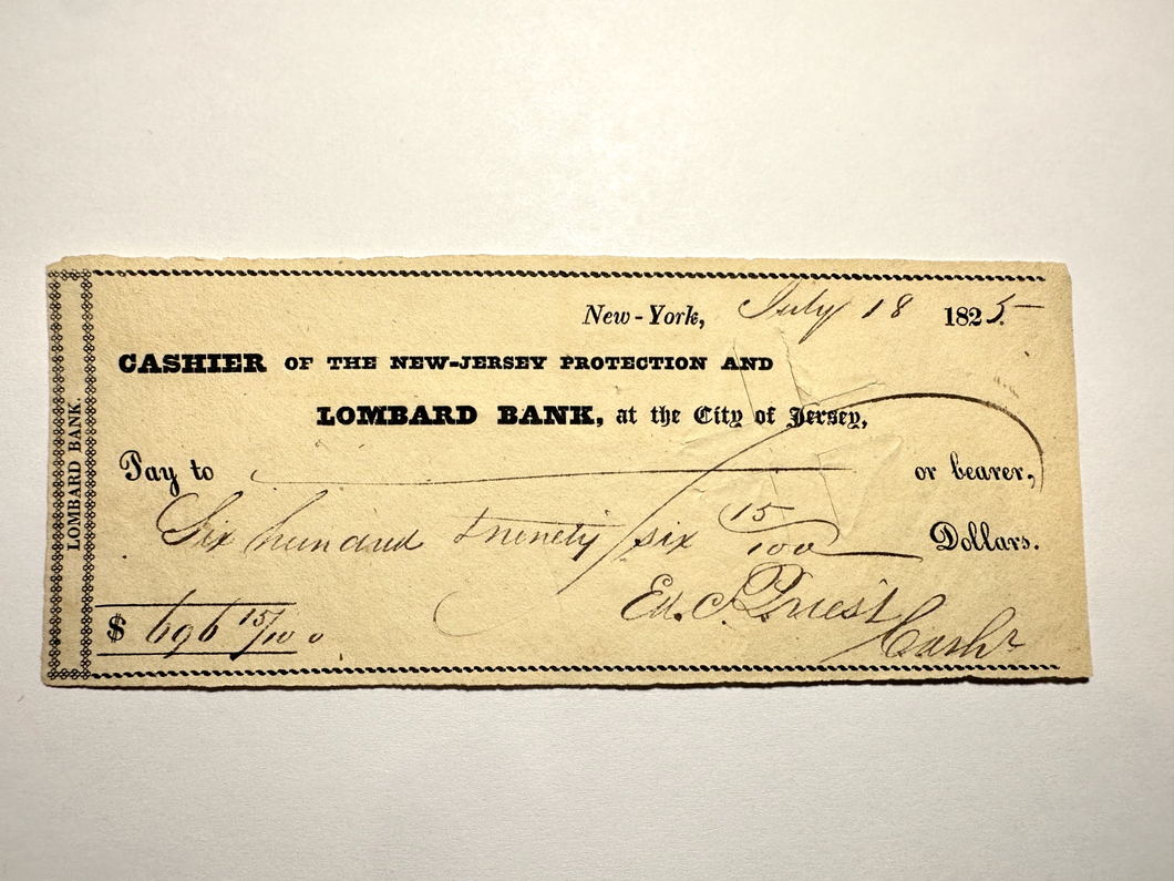 $696 1825 Jersey City NJ Obsolete Currency Bank Note Check Protection & Lombard
