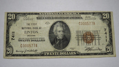 $20 1929 Linton Indiana IN National Currency Bank Note Bill Ch. #7411 VF+!