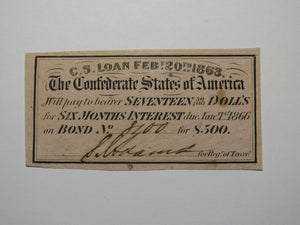 $17.50 1863 Confederate Bond Coupon Certificate Currency Bank Note Bill UNC