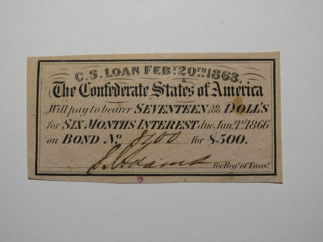 $17.50 1863 Confederate Bond Coupon Certificate Currency Bank Note Bill UNC