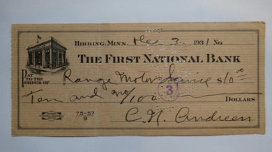 $10 1931 Hibbing Minnesota MN Cancelled Check! First National Bank 