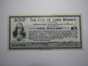 $5 1934 Long Branch New Jersey NJ Obsolete Currency Bank Note Scrip City of LB!