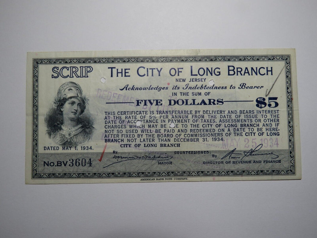 $5 1934 Long Branch New Jersey NJ Obsolete Currency Bank Note Scrip City of LB!
