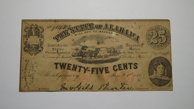 $.25 1863 Montgomery Alabama Obsolete Currency Bank Note Bill AU! Plate C