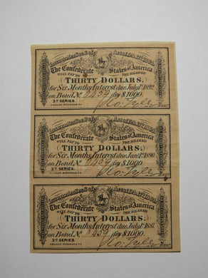 $30 1864 Confederate Bond Coupon Certificate Uncut Sheet Currency Bank Note Bill