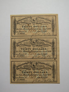 $30 1864 Confederate Bond Coupon Certificate Uncut Sheet Currency Bank Note Bill