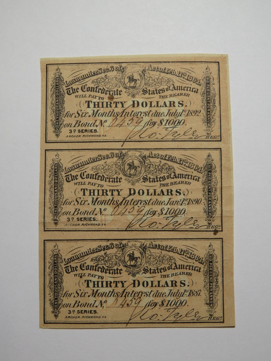 $30 1864 Confederate Bond Coupon Certificate Uncut Sheet Currency Bank Note Bill