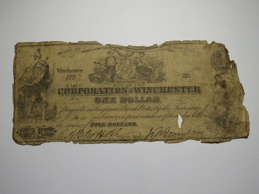 $1 1861 Winchester Virginia Obsolete Currency Bank Note Bill Corp. of Winchester