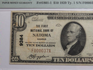 $10 1929 Natoma Kansas KS National Currency Bank Note Bill Ch. #9384 VF30 PMG