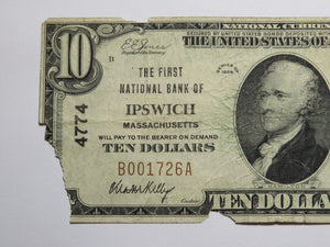 $10 1929 Ipswich Massachusetts MA National Currency Bank Note Bill Ch #4774 RARE