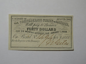 $40 1861 Confederate Bond Coupon Certificate Currency Bank Note Bill UNC