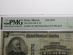 $5 1902 Paris Illinois IL National Currency Bank Note Bill Charter #3376 PMG